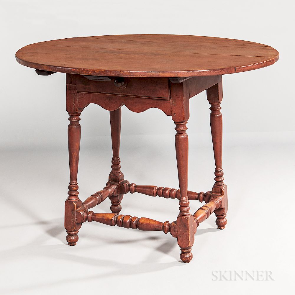 Appraisal: Red-painted Oval-top Tea Table with Drawer Red-painted Oval-top Tea Table