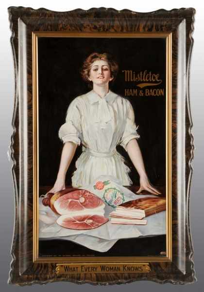 Appraisal: Tin Mistletoe Ham Bacon Advertising Sign Description Beautiful image of