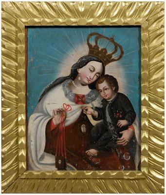 Appraisal: Spanish Colonial School retablo Mary Queen of Heaven with Christ