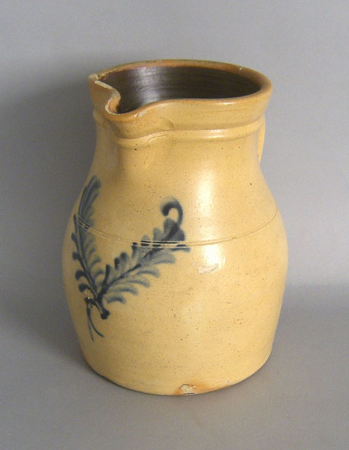 Appraisal: Stoneware pitcher th c with cobalt leaf decoration h