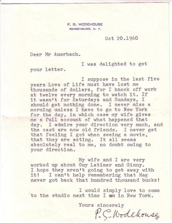 Appraisal: WODEHOUSE PELHAM GRENVILLE Typed Letter Signed P G Wodehouse to