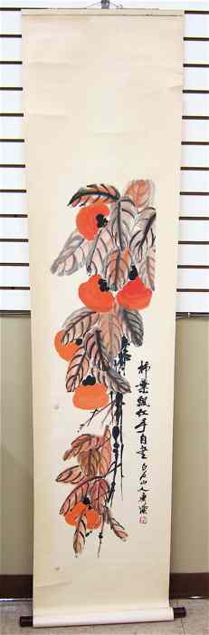 Appraisal: QI BASHI COLOR WOODCUT SCROLL Chinese th century whose ink