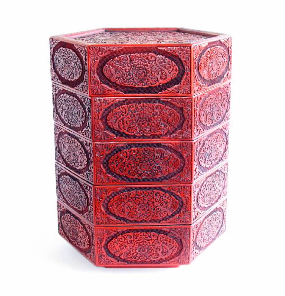 Appraisal: A Chinese cinnabar five section wedding basket height in width