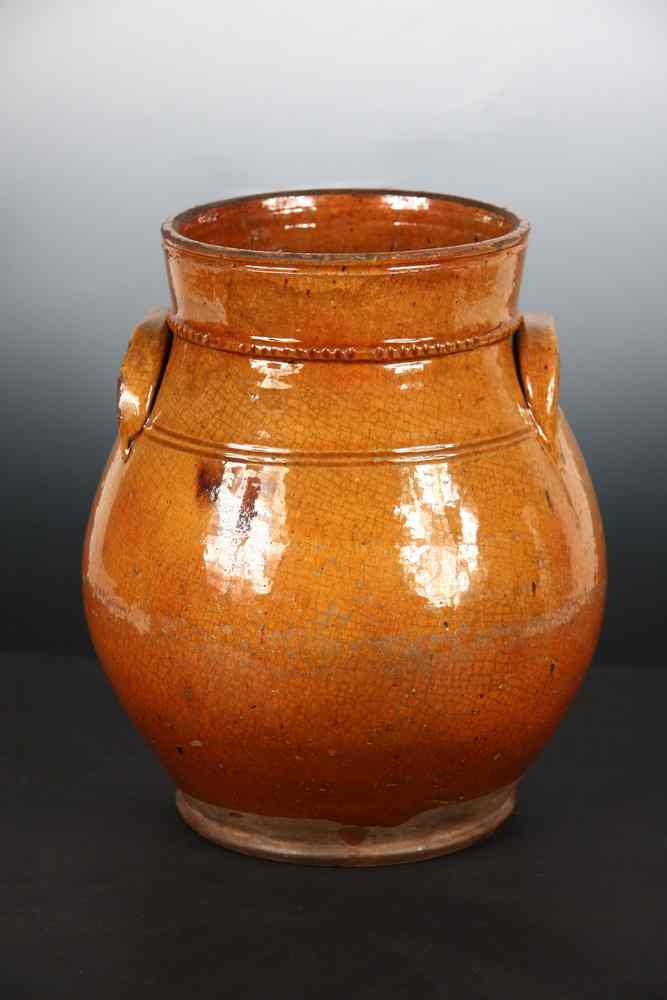 Appraisal: REDWARE CROCK - Redware Crock in Butterscotch Glaze with two