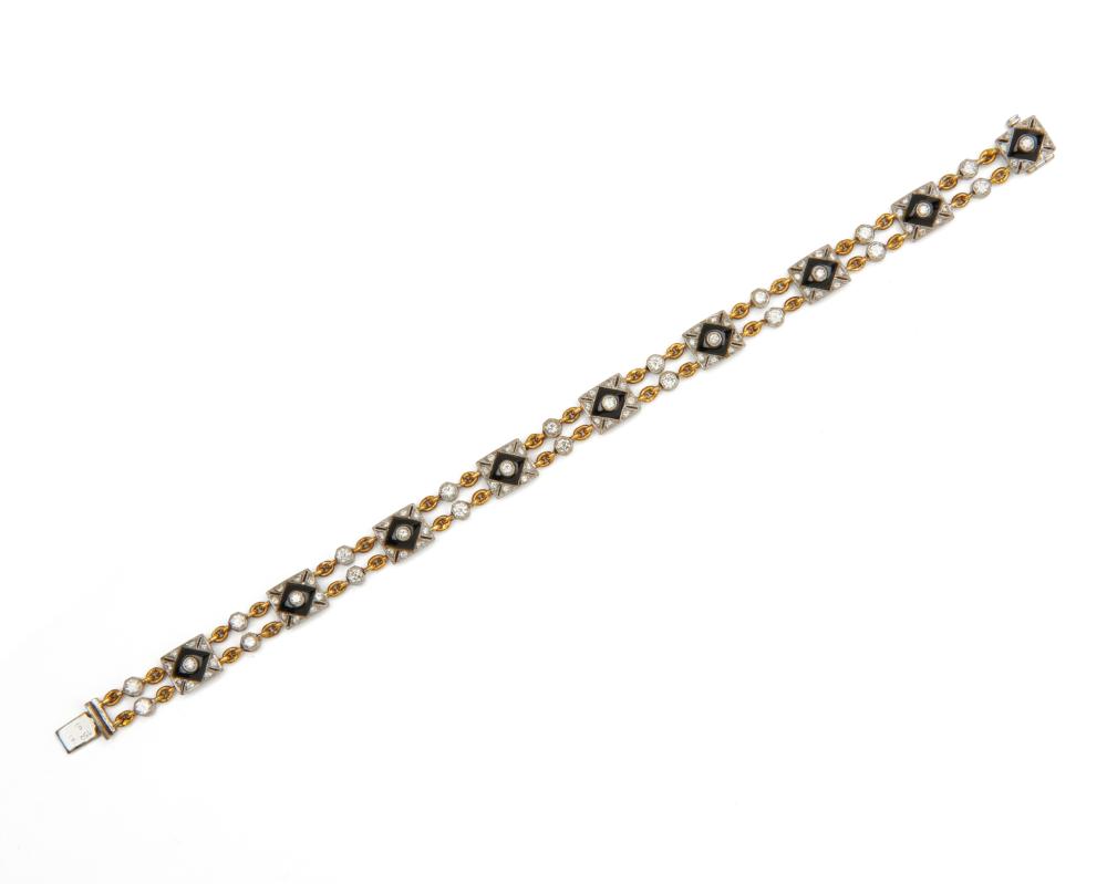 Appraisal: K Gold Diamond and Onyx Bracelet comprising nine sections of