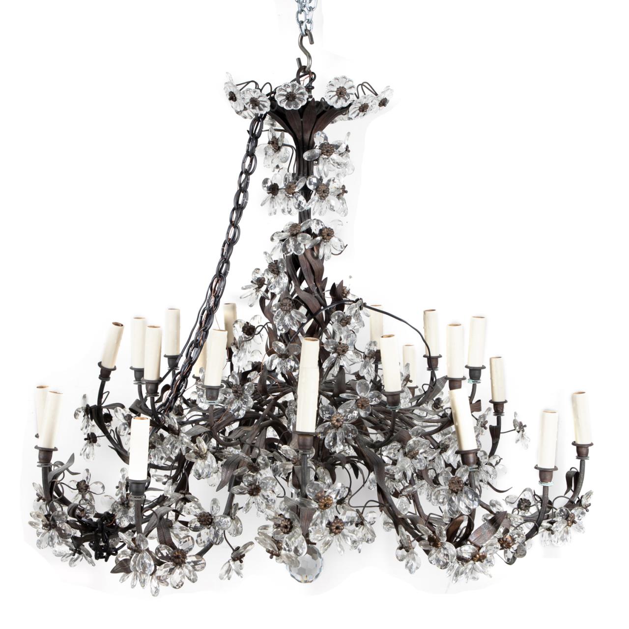 Appraisal: BRONZE TONE CRYSTAL FLORAL LIGHT CHANDELIER Large bronze tone metal