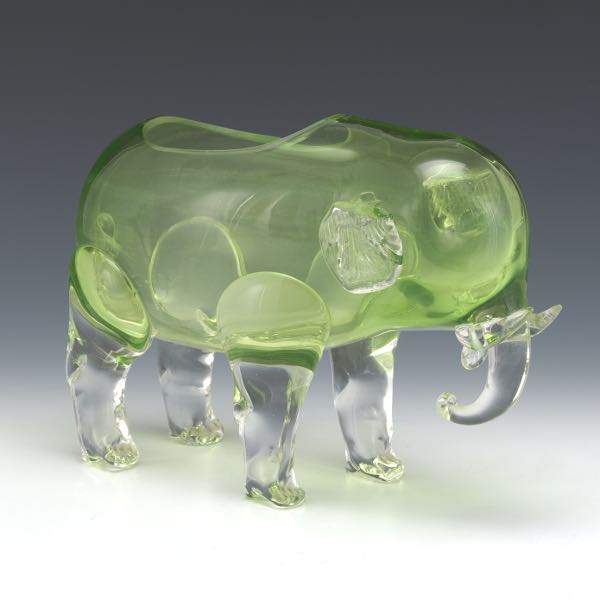 Appraisal: PERIDOT COLOR BOHEMIAN GLASS ELEPHANT PLANTER x x Hand blown