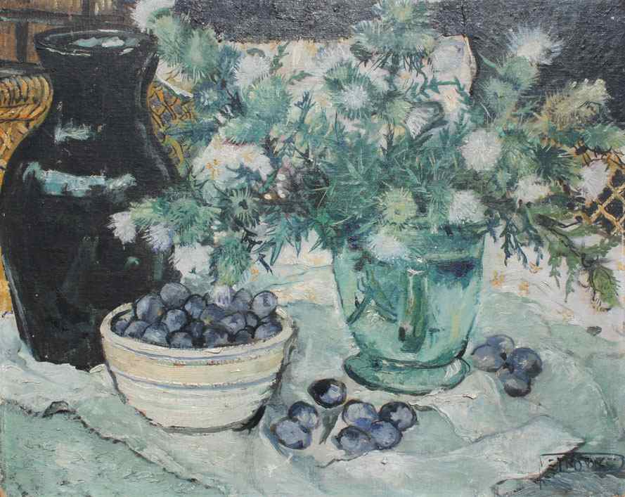 Appraisal: PETROVITS Milan American - Still Life With Pottery Blueberries and