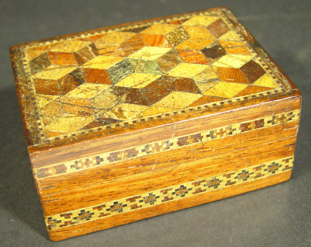 Appraisal: Rectangular Tunbridgeware box and cover with cube inlay cm in