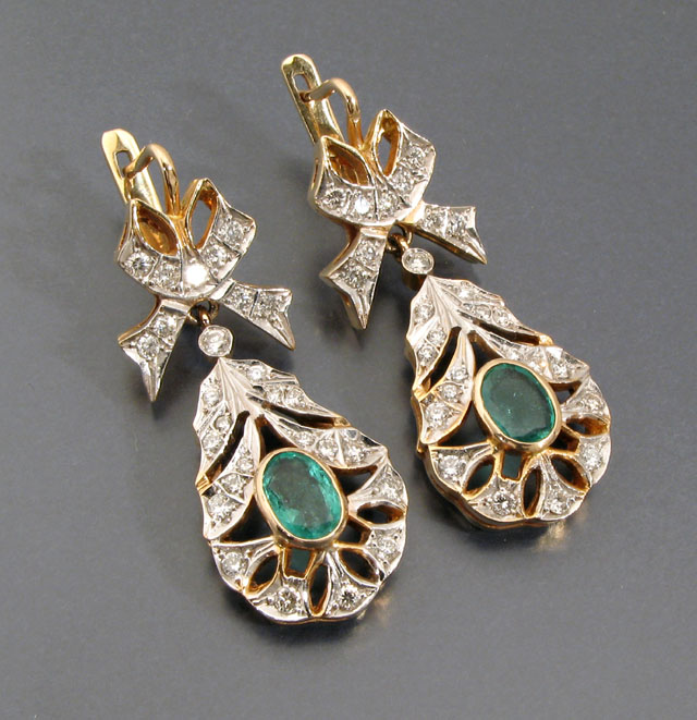 Appraisal: A PAIR OF RUSSIAN EMERALD DIAMOND AND FOURTEEN KARAT GOLD