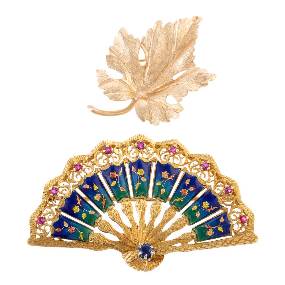 Appraisal: An K Finely Enameled Fan Brooch K Leaf Pin K