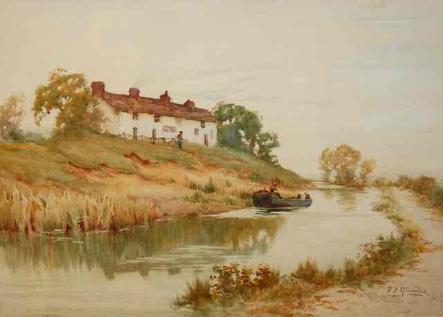 Appraisal: FRED KNOWLES b River landscape with figures in a boat