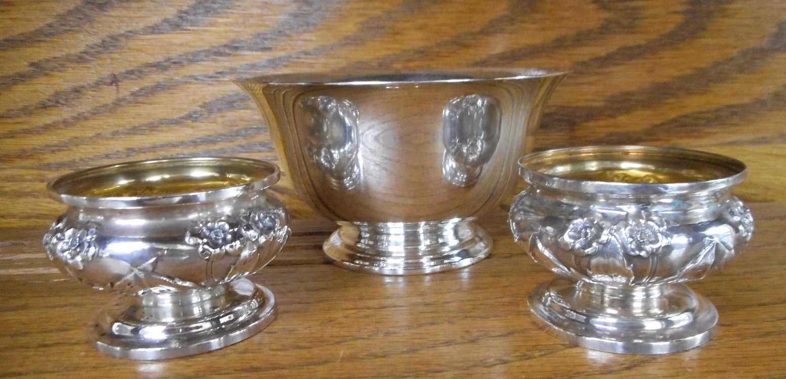 Appraisal: THREE STERLING SILVER HOLLOWWARE ITEMS footed bowl Exemplar Paul Revere