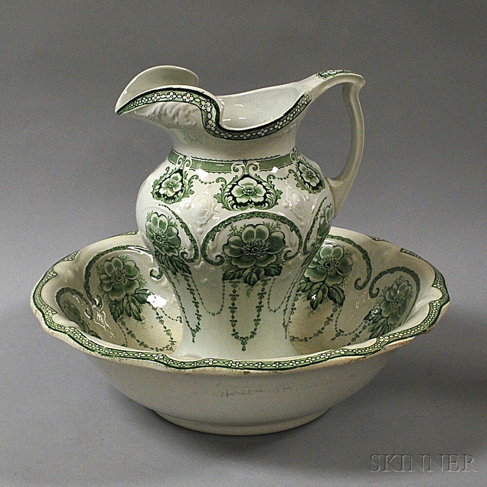 Appraisal: Dudson Wilcox Till Transfer-decorated Wash Basin and Pitcher with green