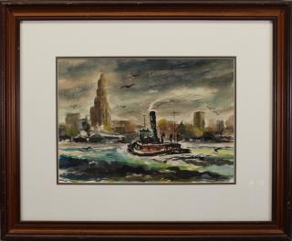 Appraisal: Kennedy Signed New York Harbor Scene Kennedy Signed New York