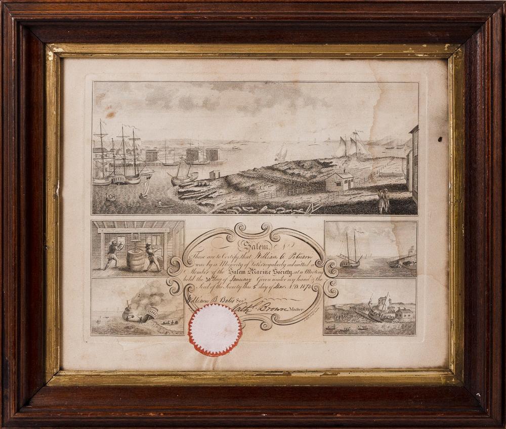 Appraisal: SALEM MARINE SOCIETY CERTIFICATE ENGRAVING ON PAPER X SIGHT FRAMED