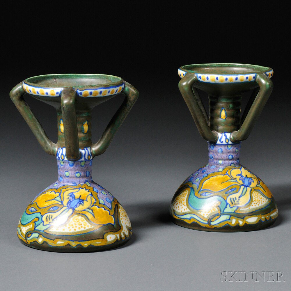 Appraisal: Pair of Zuid Holland Gouda Rhodian Ina Pattern Pottery Candlesticks