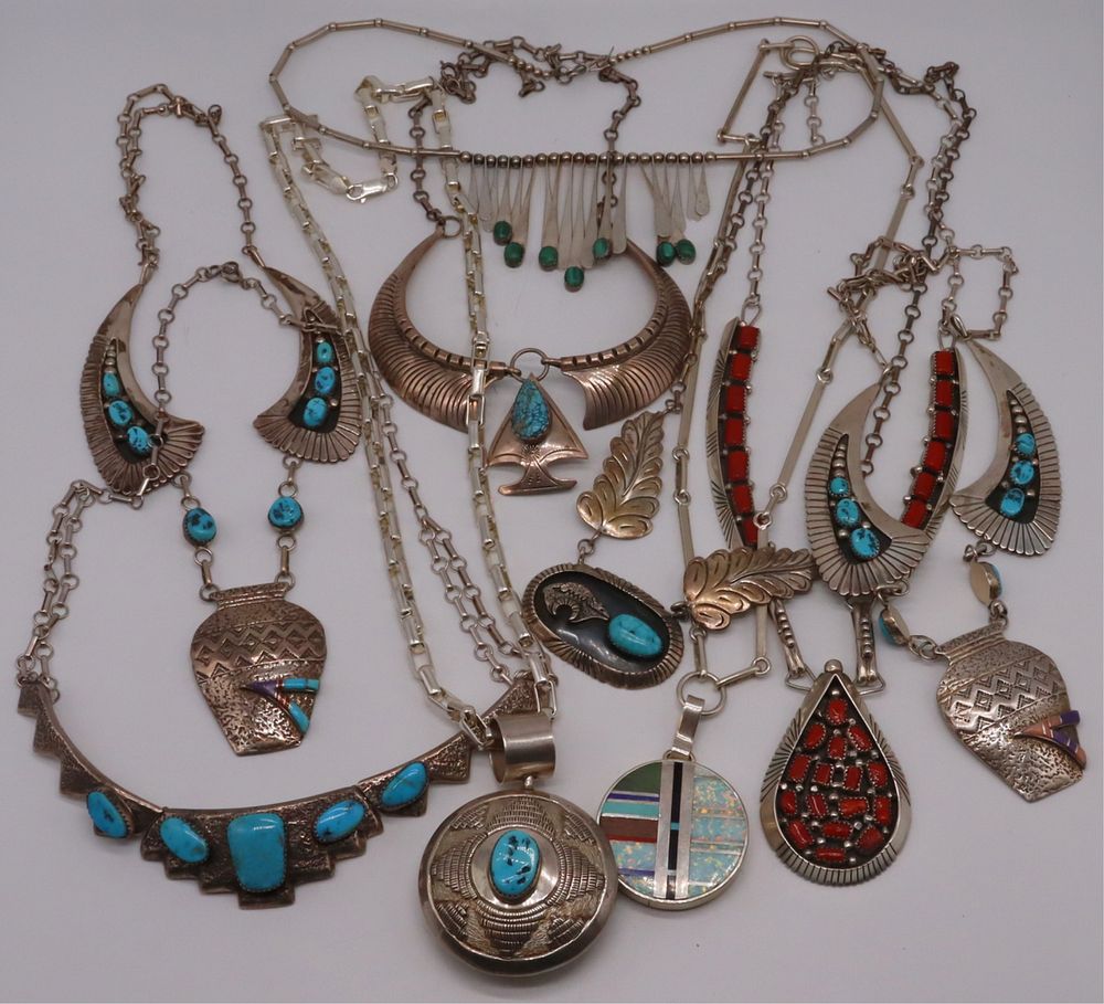 Appraisal: JEWELRY Assorted Sterling Inlaid Necklaces Includes a signed sterling circular