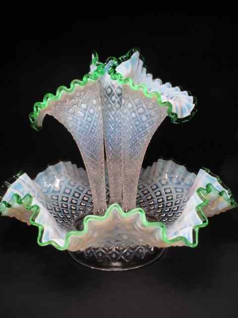 Appraisal: Hobnail opalescent flower epergne Clear green edges Three removable flower