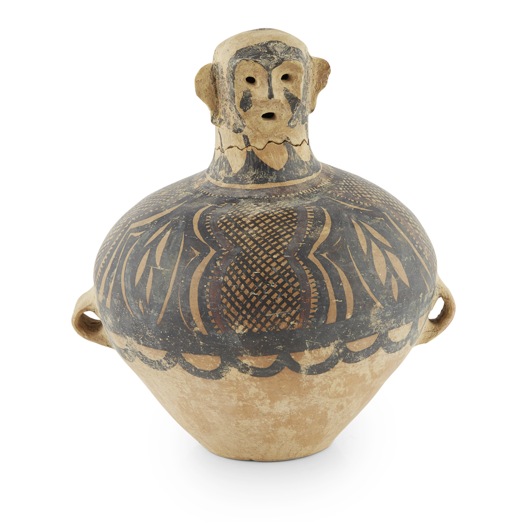 Appraisal: MAJIAYAO-TYPE POTTERY EFFIGY JAR the broad shoulder painted in black