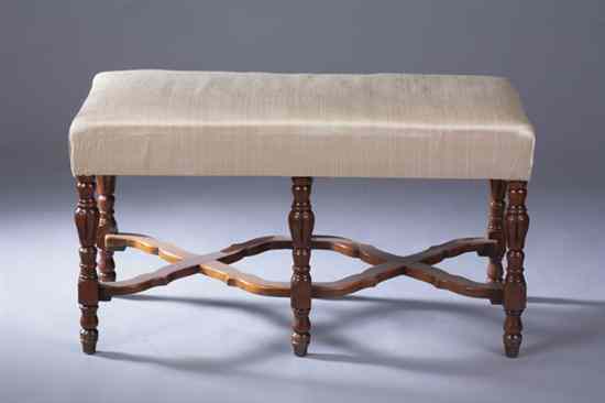 Appraisal: SHERATON WALNUT WINDOW BENCH th century Stuff-over seat raised on