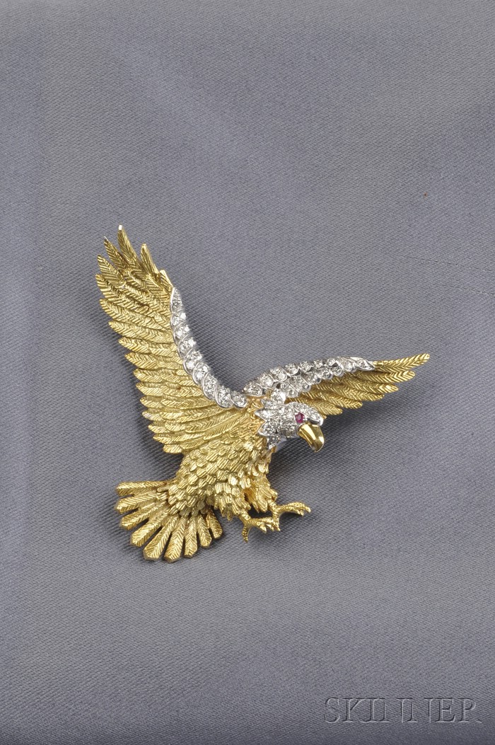 Appraisal: kt Gold Platinum Diamond and Ruby Eagle Brooch designed as