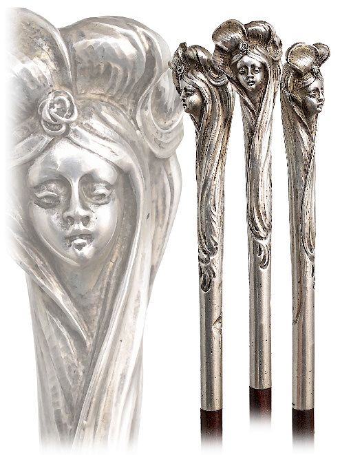 Appraisal: Silver Figural Art Nouveau Cane -Ca -Well modeled to depict