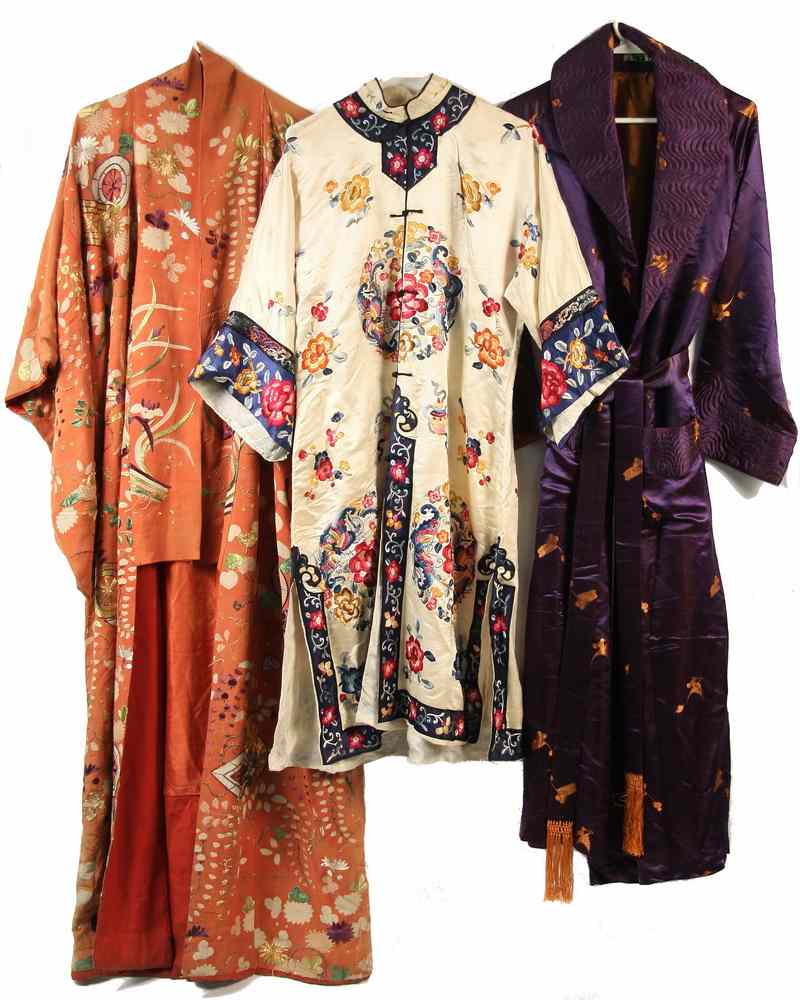 Appraisal: CHINESE EMBROIDERED SILK ROBES PR TROUSERS FRAGMENTS - Late th