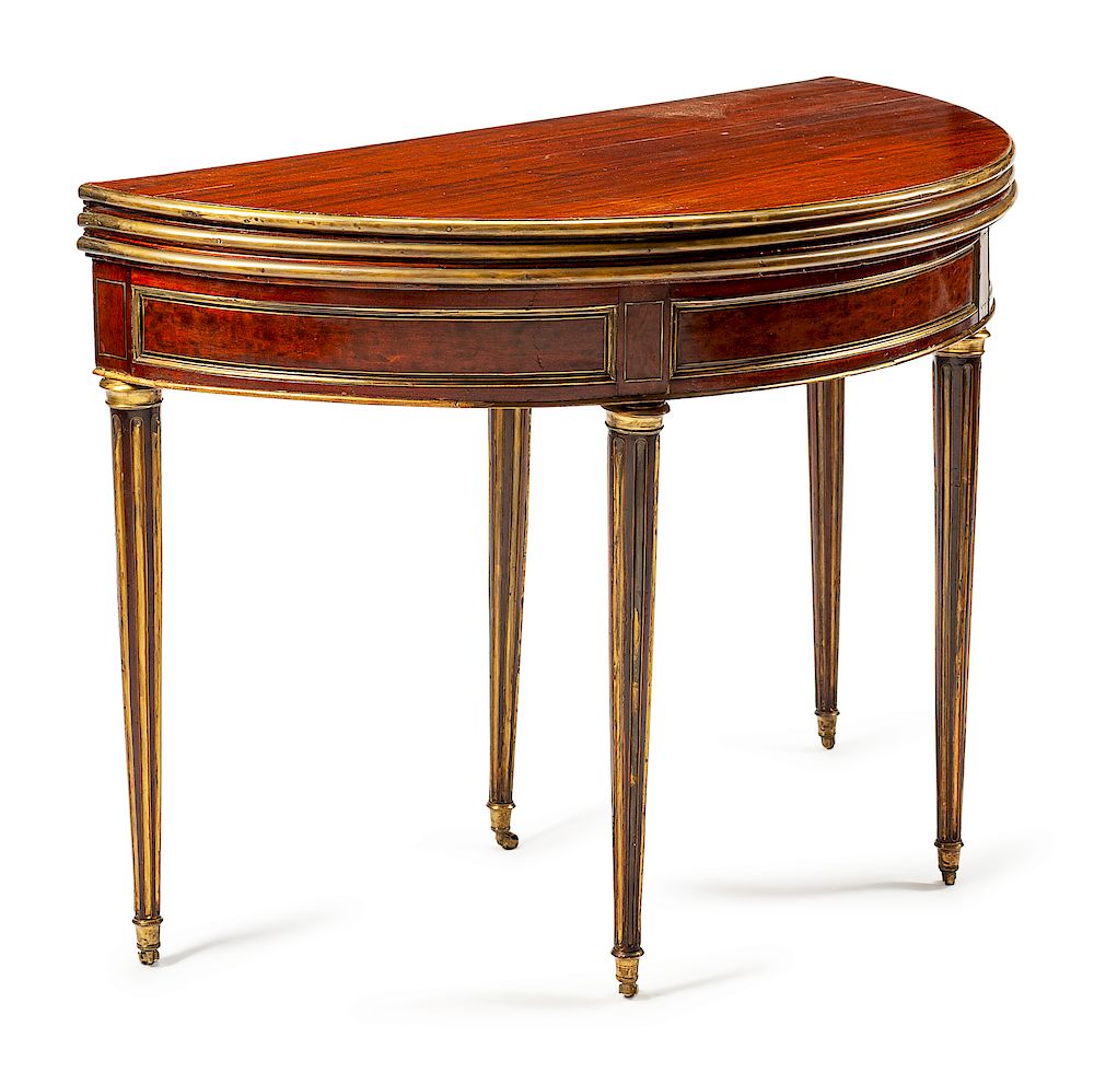 Appraisal: A Louis XVI Style Brass-Mounted Mahogany Triple-Top Demilune Games Table