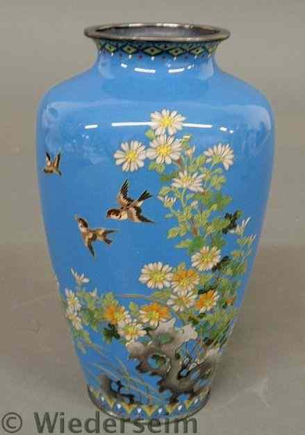 Appraisal: Blue cloisonn vase c with bird a floral decoration h