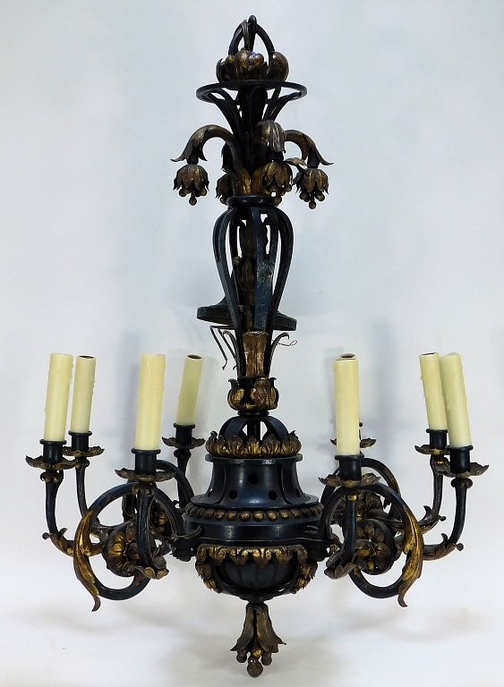 Appraisal: French Style Eight Light Wrought Iron Chandelier United States Early