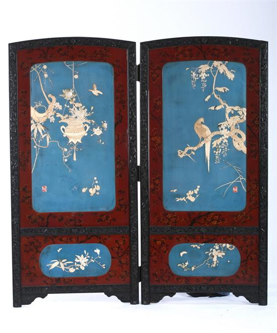 Appraisal: JAPANESE BLUE LACQUERED AND IVORY-INLAID TWO-FOLD SCREEN Meiji period -