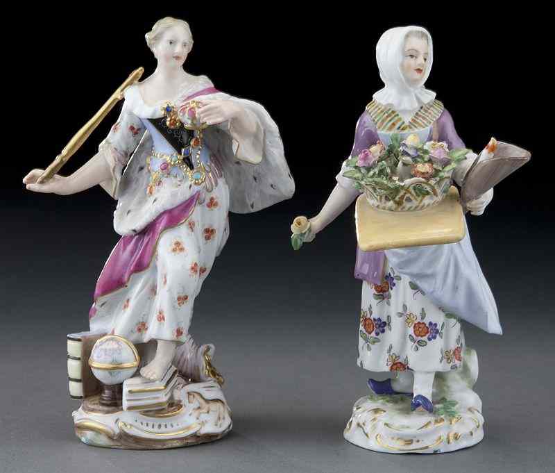 Appraisal: Meissen porcelain figures of ladies incl with emblems of royalty