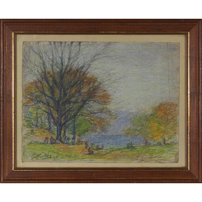 Appraisal: E T Hurley drawing River Scene with Figures pastel on