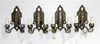 Appraisal: A Set of Four Cast Metal and Tole Two-Light Sconces