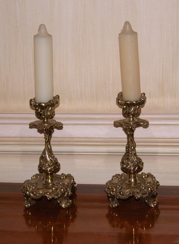 Appraisal: Title Pair of Ornate Brass Candlesticks Medium brass Dimensions x