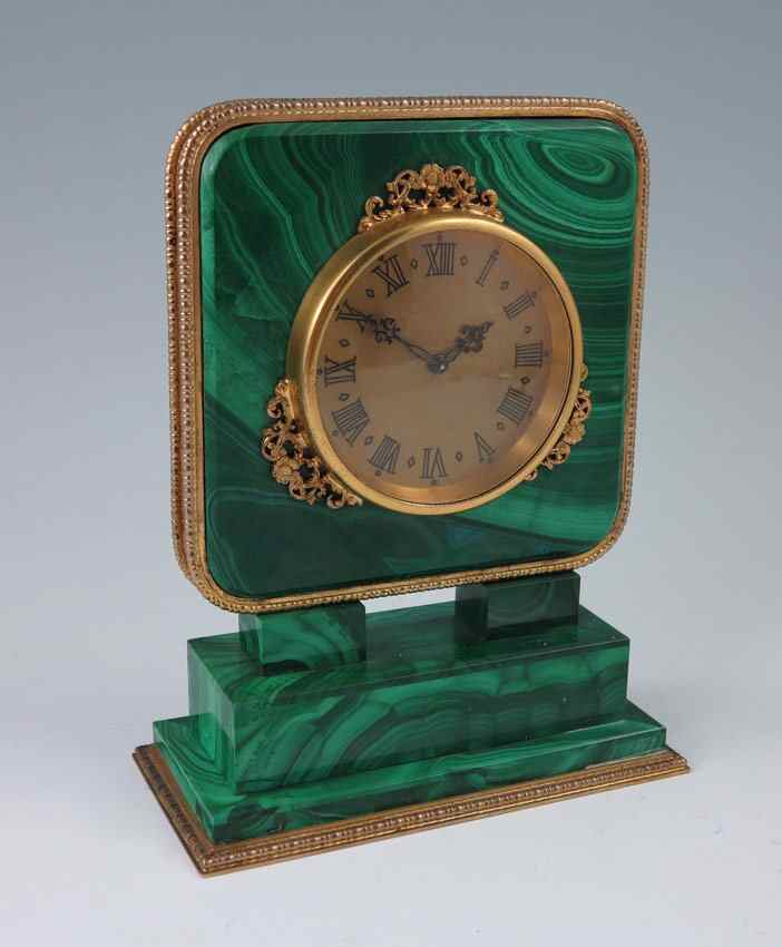 Appraisal: ITALIAN SILVER MALACHITE DESK CLOCK Malachite case and base framed