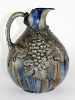 Appraisal: French glazed ceramic pitcher with raised pewter French early thy