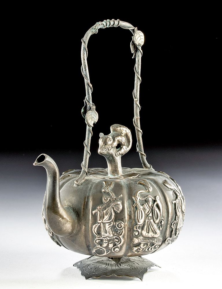 Appraisal: Early th C Chinese Silver Teapot - Pumpkin Form East