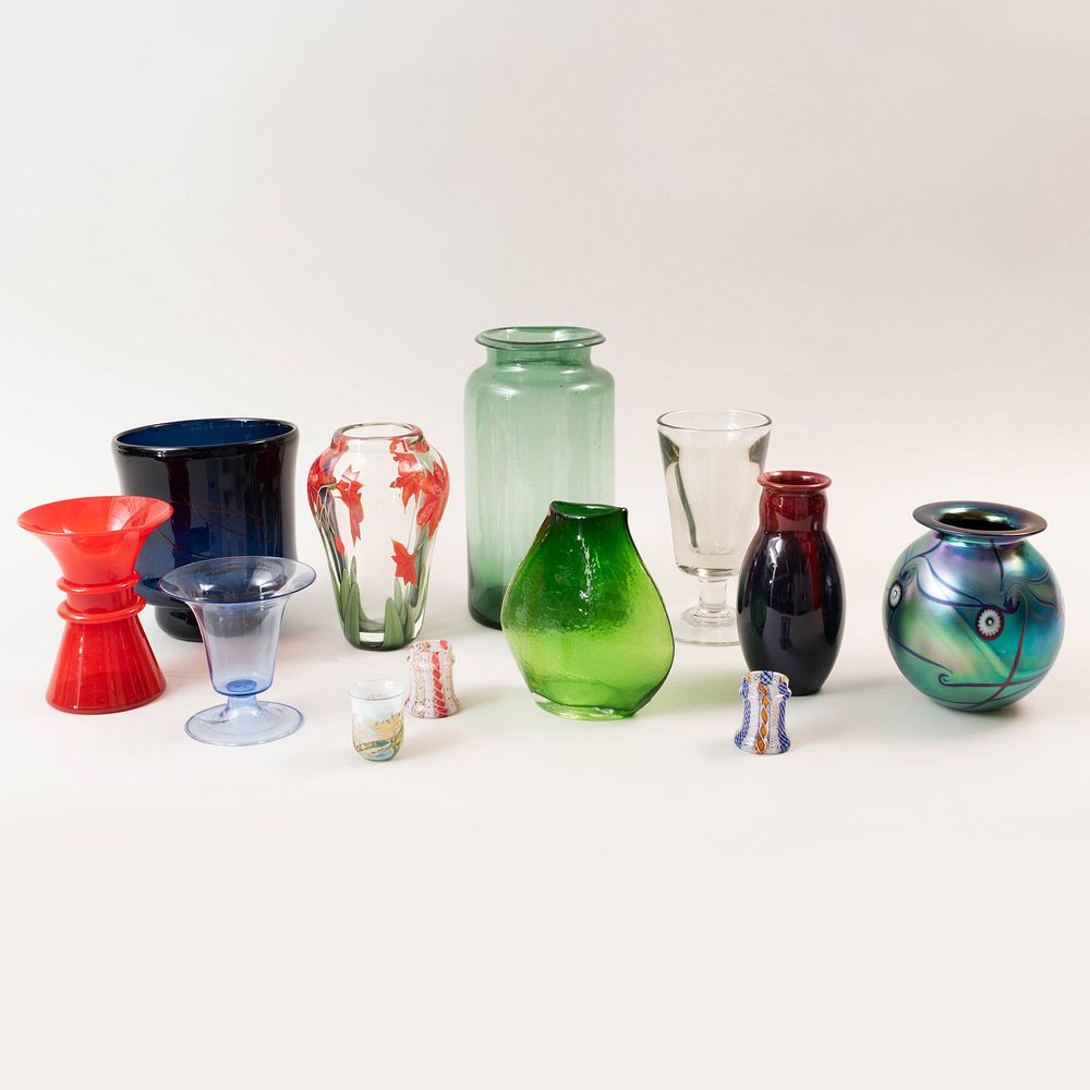 Appraisal: Group of Eight Studio Glass Vessels Comprising A red cinched