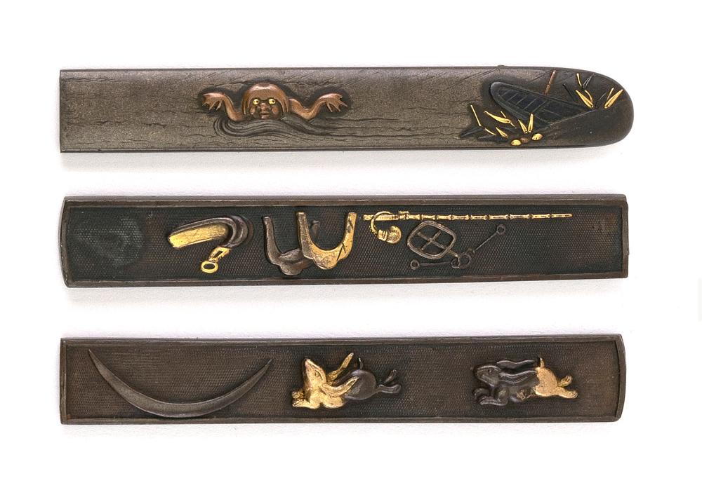 Appraisal: THREE JAPANESE MIXED METAL KOZUKA HANDLES MEIJI PERIOD LENGTHS THREE