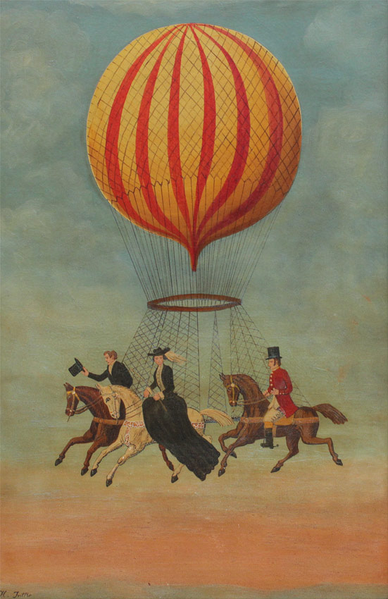 Appraisal: BALLOONING PAINTING WITH FIGURES ON HORSEBACK The Back reads ''La