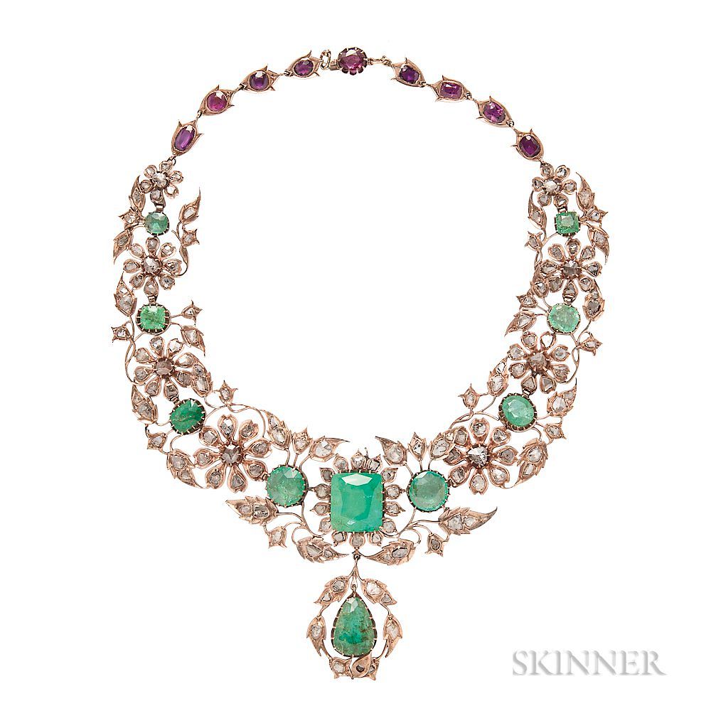 Appraisal: Large Gold Emerald and Rose-cut Diamond Necklace Large Gold Emerald