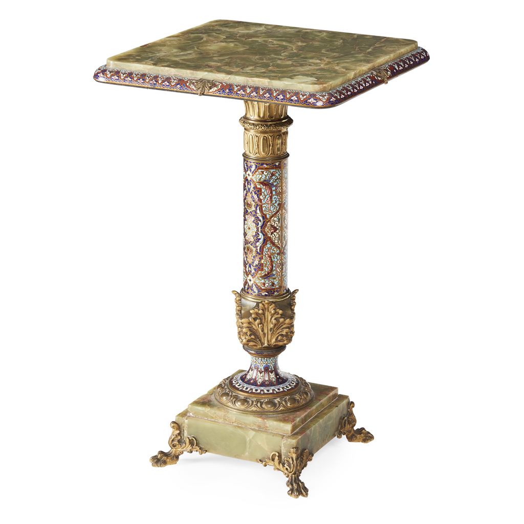 Appraisal: FRENCH GREEN ONYX GILT BRONZE AND CHAMPLEV ENAMEL TABLE LATE