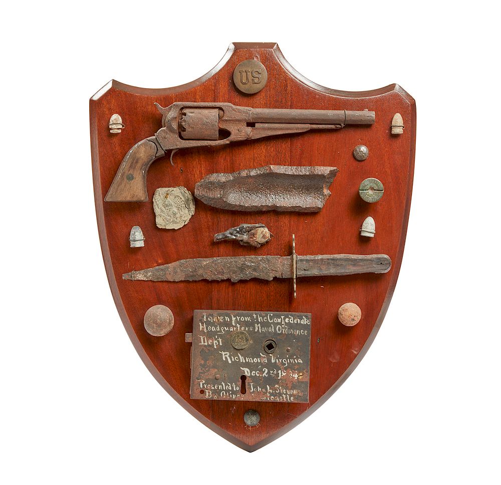 Appraisal: Civil War Relic Board with Bowie Knife and Remington Revolver