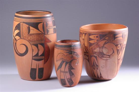 Appraisal: THREE HOPI POTS Circa s Each decorated in traditional figural