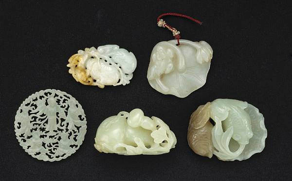 Appraisal: A group of five jade toggles and pendants The first