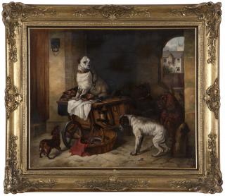 Appraisal: th Century Continental School Dogs in a courtyard unsigned oil