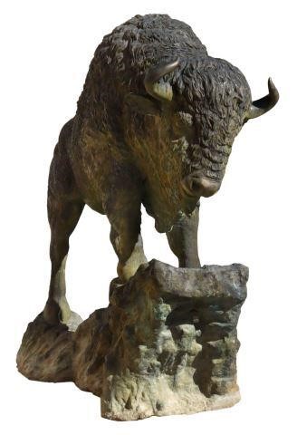 Appraisal: Large patinated bronze bison sculpture with textured fur forward facing