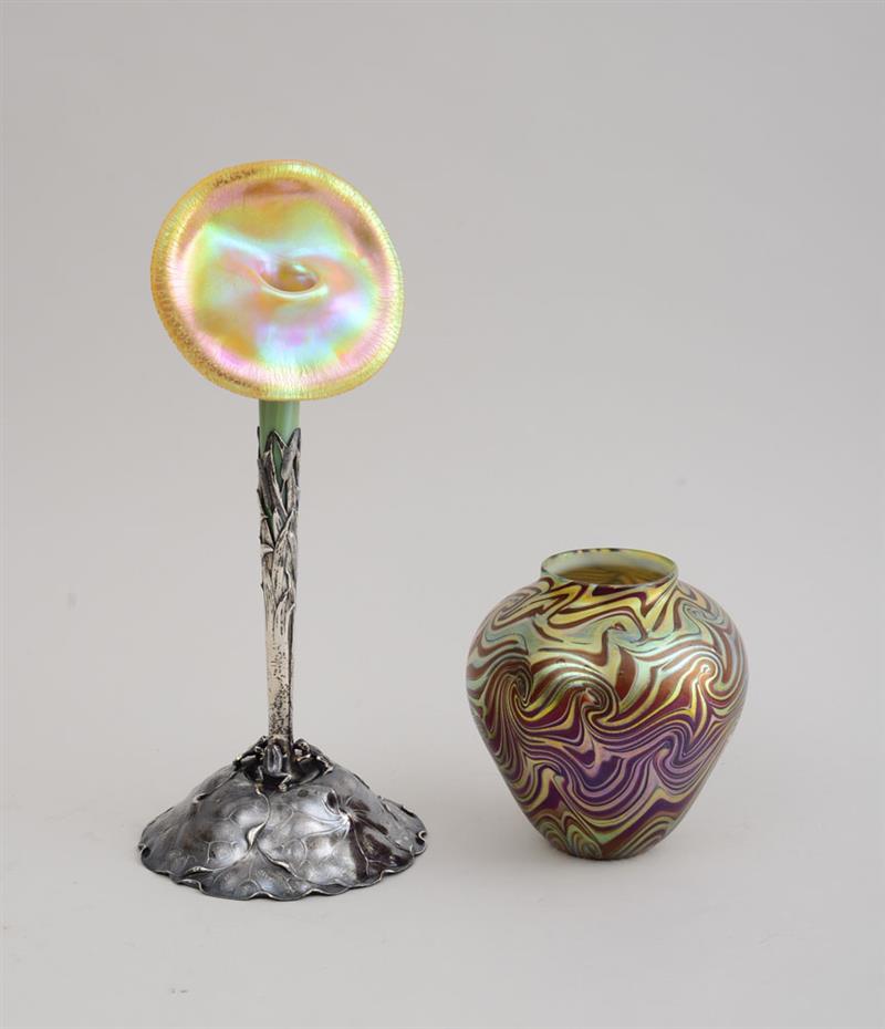 Appraisal: UNSIGNED QUEZAL SILVER-FOOTED GLASS JACK-IN-THE-PULPIT VASE AND ANOTHER UNSIGNED GLASS